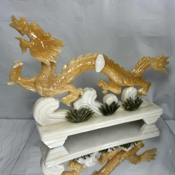 Yellow Jade Carved Stone Serpent Dragon Statue - Picture 5 of 13
